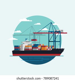 Cargo logistics being loaded container ship with working crane import export transport industry. icon Vector illustration