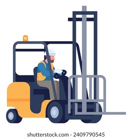 Cargo logistics. Freight lifting. Warehouse forklift. Boxes loading car. Workman driving vehicle. Driver at loader. Storehouse distribution machine. Containers shipment