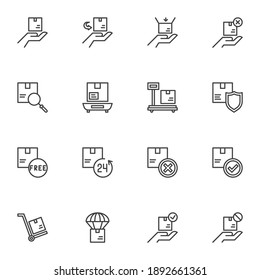 Cargo logistics line icons set, shipping and logistics outline vector symbol collection, linear style pictogram pack. Signs, logo illustration. Set includes icons as cardboard box delivery, insurance