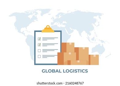 Cargo logistics transportation concept. Global logistic network. Clipboard with checklist and pile of boxes, world map on background. Import, export. Global freight transportation. Vector