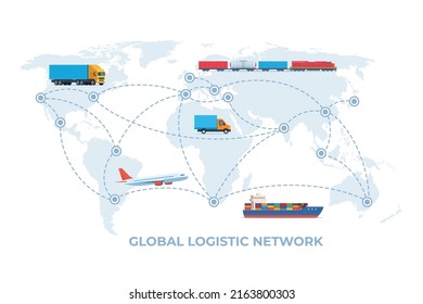 Frachtlogistik Transportkonzept. Globales Logistiknetz. Frachtflugzeug, Schiff, Zug, Lastkraftwagen auf dem Hintergrund der Weltkarte. Import, Export. Globaler Güterverkehr. Vektorgrafik