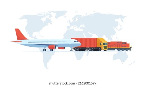 Cargo Logistics Transportation Concept. Cargo Plane, Train, Truck Transport On A Background Of The World Map. Import, Export . Global Freight Transportation. Vector Illustration