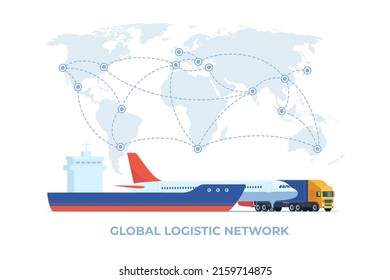 Concepto de transporte logístico de carga. Barco de carga, tren, transporte de camiones en un fondo del mapa mundial. Importar, exportar. Transporte mundial de mercancías. Ilustración del vector