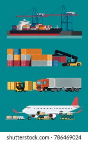 Cargo logistics transportation, container ship and cargo plane with working crane import export transport industry and forklift truck. illustration vector