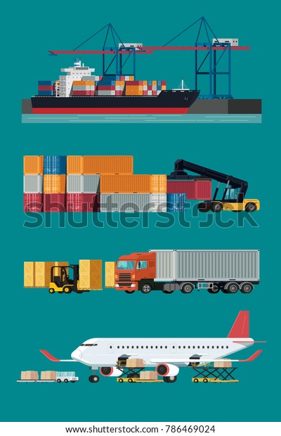 Cargo logistics transportation,\
container ship and cargo plane with working crane import export\
transport industry and forklift truck. illustration\
vector