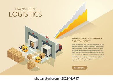 Cargo logistics truck and transportation container with forklift truck lifting cargo container in shipping yard. isometric illustration vector