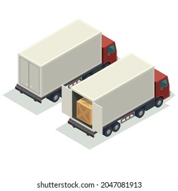 cargo logistics truck transportation container with forklift truck lifting cargo container shipping yard isometric illustration vector