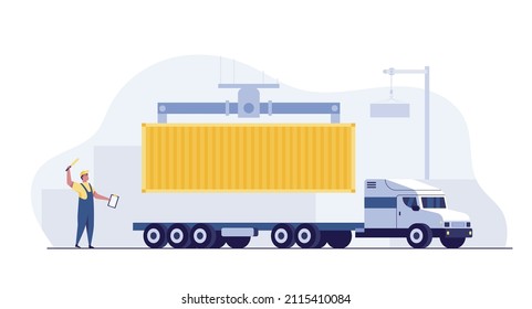 Cargo logistics truck and transportation container. working crane import export transport industry.