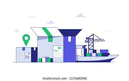 Cargo logistics truck and transportation container ship with working crane import export transport industry