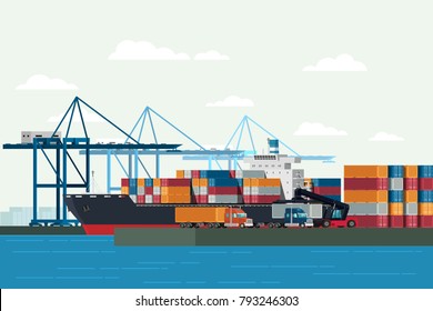 Logística de carga caminhão e transporte navio contêiner com guindaste trabalhando indústria de transporte de exportação de importação no quintal de expedição. vetor ilustração