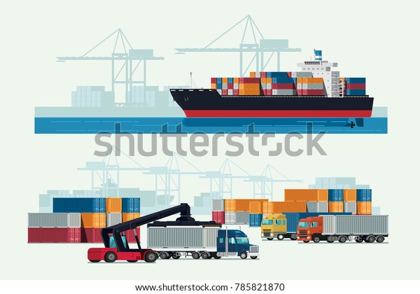 Cargo logistics truck and transportation container\
ship with working crane import export transport industry.\
illustration vector