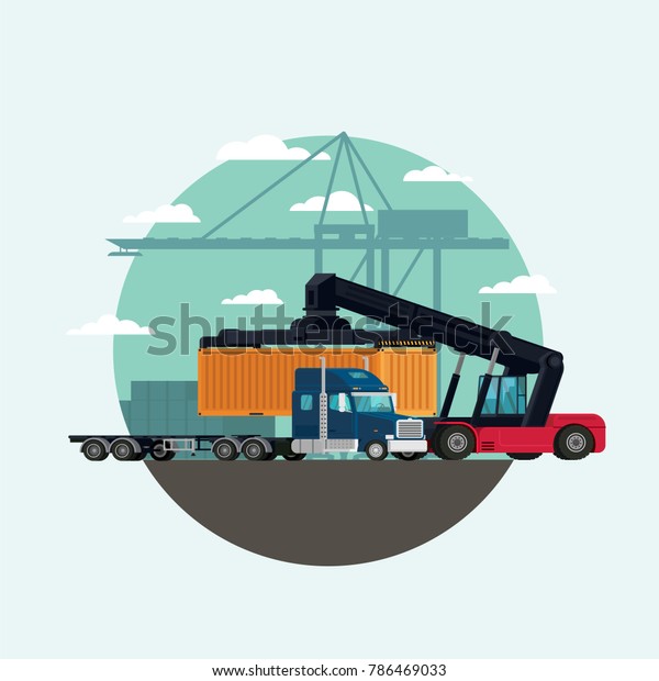 Cargo logistics truck and transportation container\
with forklift truck lifting cargo container in shipping yard.\
illustration vector