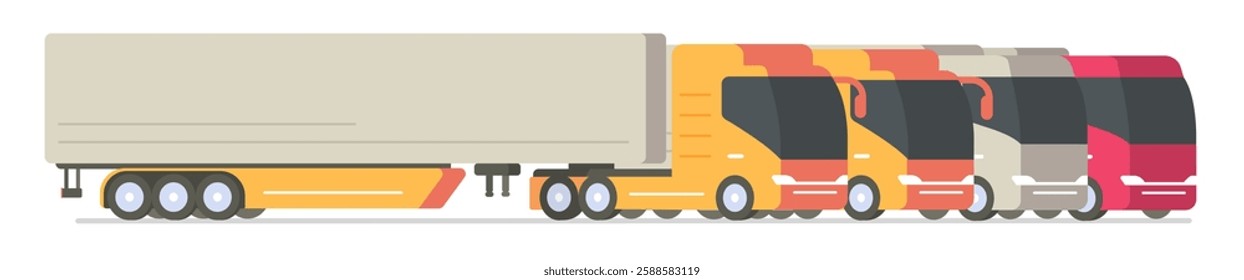 Cargo logistics trucks fleet row banner vector modern trendy graphic illustration, warehouse freight vehicles auto sales, shipping transportation semi trailers heavy cars service image