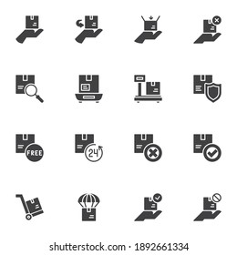 Cargo logistics vector icons set, shipping and logistics modern solid symbol collection, filled style pictogram pack. Signs, logo illustration. Set includes icons as cardboard box delivery, insurance