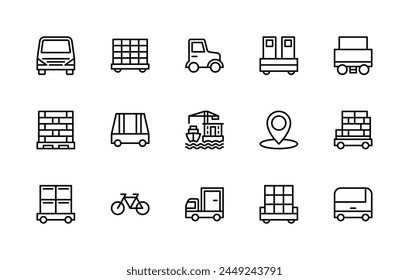 Cargo logistics vector linear icons set. Contains such icons as truck, tractor, delivery, railway carriage, port, tap and more. Isolated icon collection of cargo logistics icons on white background.