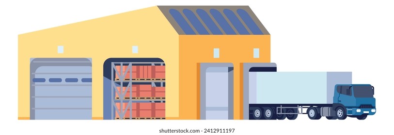 Logística de carga. Edificio de almacén. Transporte de mercancías. Servicio de entrega. Camión de automóviles. Envío de contenedores. Máquina de distribución de almacén. Vehículo industrial
