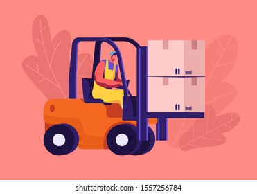 Cargo Logistics and Warehouse Service Concept. Worker Driving Forklift with Cardboard Parcel Boxes Delivering Freight to Storage Depot or Loading for Transportation. Cartoon Flat Vector Illustration