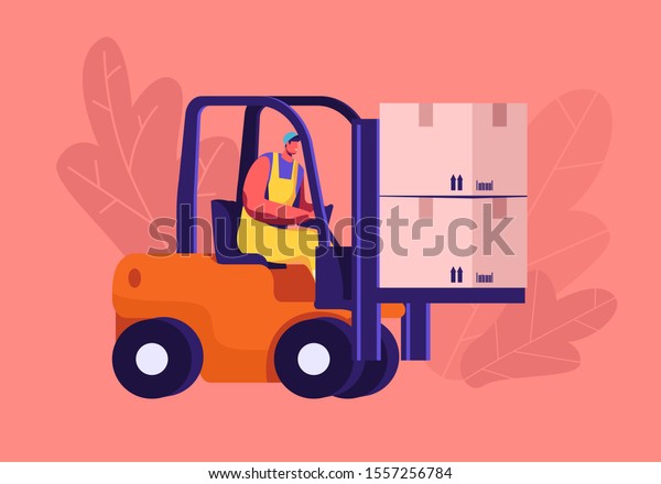 Cargo Logistics and Warehouse Service\
Concept. Worker Driving Forklift with Cardboard Parcel Boxes\
Delivering Freight to Storage Depot or Loading for Transportation.\
Cartoon Flat Vector\
Illustration