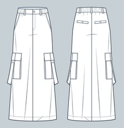 Cargo Long Skirt Technical Fashion Illustration. A-Line Skirt Fashion Flat Technical Drawing Template, Maxi Length, Pockets, Elastic Waist, Front And Back View, White, Women Skirts CAD Mockup. 