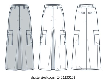 Cargo Long Skirt technical fashion illustration. Front Slit Skirt fashion flat technical drawing template, maxi, pockets, A-line, elastic waist, front, back view, white, grey, women CAD mockup set.