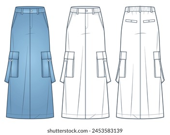 Cargo Long Skirt technical fashion illustration. Denim Skirt fashion flat technical drawing template, a-line, maxi, pockets, elastic waist, front, back view, white, blue, women Skirt CAD mockup set.