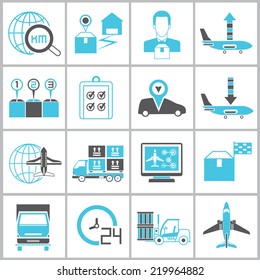 cargo management  icons, logistics shipping icons set, blue and black color theme