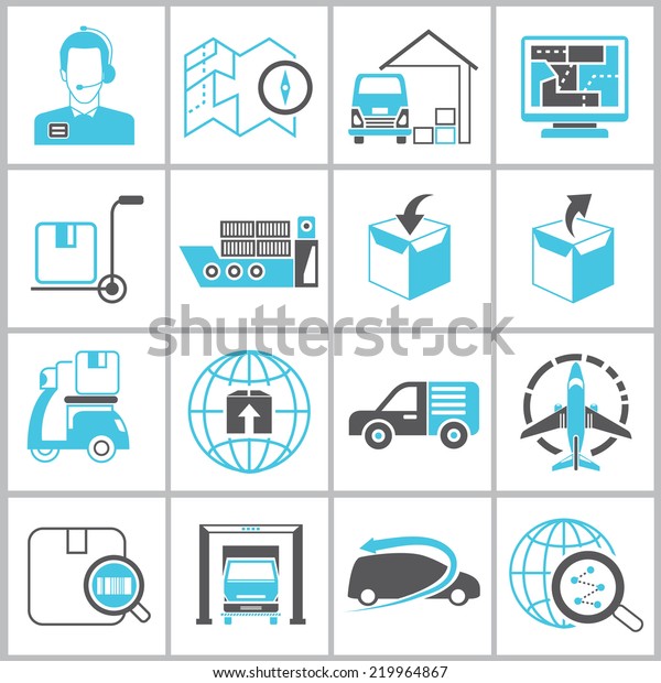 cargo management  icons, logistics shipping\
icons set, blue and black color\
theme