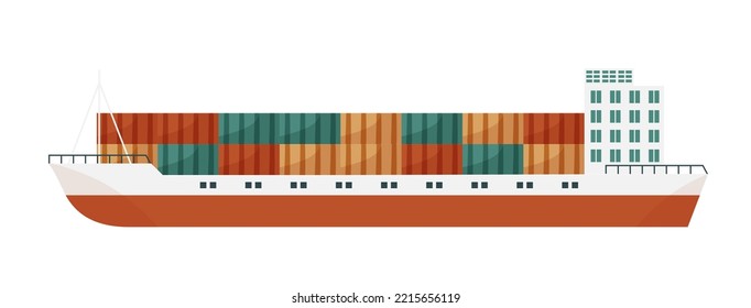 Cargo merchant ship. Containers boat, goods sea transportation service vector illustration