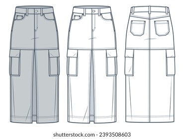 Cargo midi Skirt technical fashion illustration. Denim Skirt fashion flat technical drawing template, front slit, midi length, pockets, zipper, front and back view, white, grey, women CAD mockup set. 