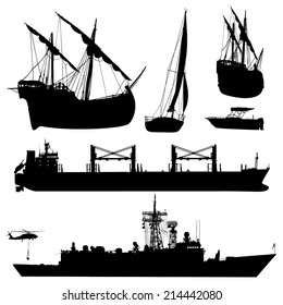 Cargo, military and old sail boat silhouettes