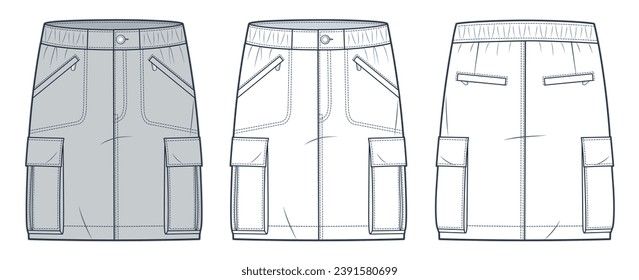 Cargo mini Skirt technical fashion illustration. Denim Skirt fashion flat technical drawing template, mini length, pockets, elastic waist, front and back view, white, grey, women CAD mockup set. 