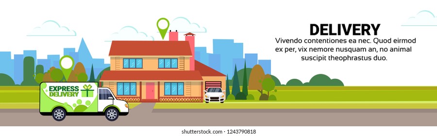 cargo minivan delivery transport parcel packages geo tag destination transportation shipping industrial concept house yard exterior flat horizontal banner copy space