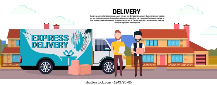 cargo minivan man courier checklist box parcel delivery transport destination shipping industrial concept house yard exterior flat horizontal banner copy space