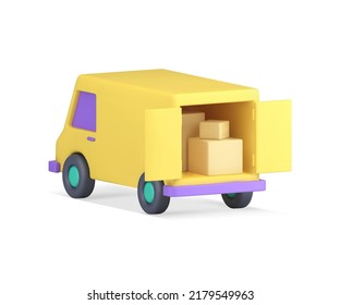 Cargo mini coche amarillo puertas abiertas llenas de cartón de la pantalla de la parte posterior de la vista de la parte posterior 3d ilustración del icono realista del vector. Distribución de mercancías Servicio de envío de mensajería logística de transporte en movimiento