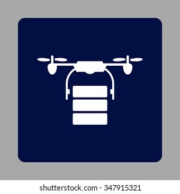 Cargo Nanocopter vector icon. Style is flat rounded square button, white and dark blue colors, silver background.
