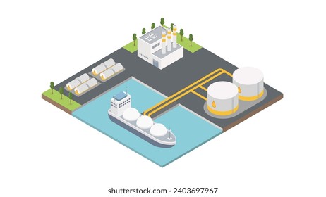 Cargo oil transportation isometry. Ship fuel platform technology vector. Refinery ocean platform, tanker.