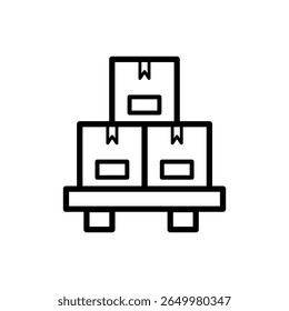 Cargo pallet black isolated outlined illustration with 3 packages on it symbol. Vector icon in flat style