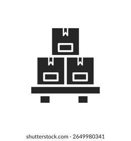 Cargo pallet black isolated shaped illustration with 3 packages on it sign. Vector icon in flat style