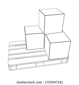 Cargo pallet for warehouse with stacked goods cardboard boxes. Logistics shipping concept. Wireframe low poly mesh vector illustration.