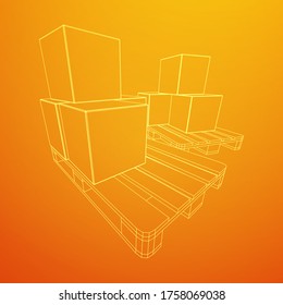 Cargo pallet for warehouse with stacked goods cardboard boxes. Logistics shipping concept. Wireframe low poly mesh vector illustration.