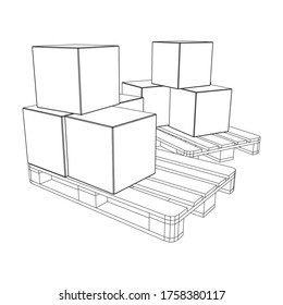 Cargo pallet for warehouse with stacked goods cardboard boxes. Logistics shipping concept. Wireframe low poly mesh vector illustration.