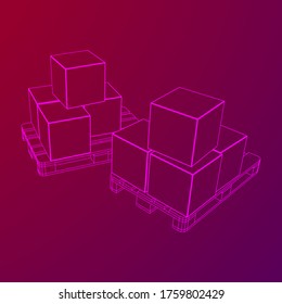 Palet de carga para almacén con cajas de cartón de mercancías apiladas. Concepto de transporte logístico. Ilustración vectorial de malla baja de malla de malla de alambre.