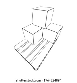 Cargo pallet for warehouse with stacked goods cardboard boxes. Logistics shipping concept. Wireframe low poly mesh vector illustration.