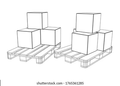 Cargo pallet for warehouse with stacked goods cardboard boxes. Logistics shipping concept. Wireframe low poly mesh vector illustration.