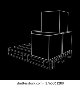 Cargo pallet for warehouse with stacked goods cardboard boxes. Logistics shipping concept. Wireframe low poly mesh vector illustration.