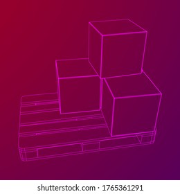 Cargo pallet for warehouse with stacked goods cardboard boxes. Logistics shipping concept. Wireframe low poly mesh vector illustration.