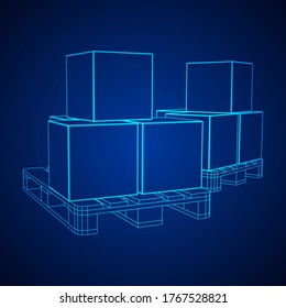 Cargo pallet for warehouse with stacked goods cardboard boxes. Logistics shipping concept. Wireframe low poly mesh vector illustration.