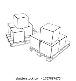 Cargo pallet for warehouse with stacked goods cardboard boxes. Logistics shipping concept. Wireframe low poly mesh vector illustration.