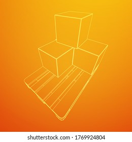 Cargo pallet for warehouse with stacked goods cardboard boxes. Logistics shipping concept. Wireframe low poly mesh vector illustration.