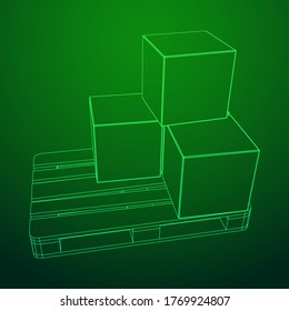 Cargo pallet for warehouse with stacked goods cardboard boxes. Logistics shipping concept. Wireframe low poly mesh vector illustration.